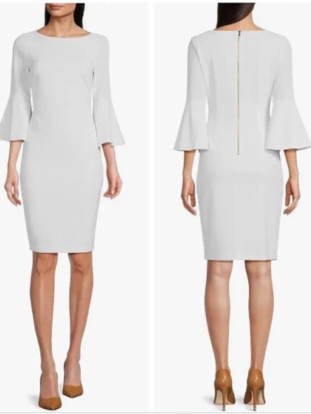 NWT Calvin Klein White 3/4 Bell Sleeve Sheath Dress Size 6 Gold Zip Wedding
